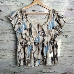 entro Blue, Cream & Brown Abstract Ruffle Sleeve Blouse